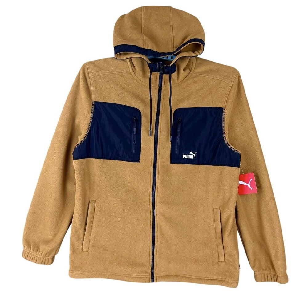 Puma Men's Brown Polar Fleece Hooded Jacket Sz L Full Zip Drawstring NWT $110.00
